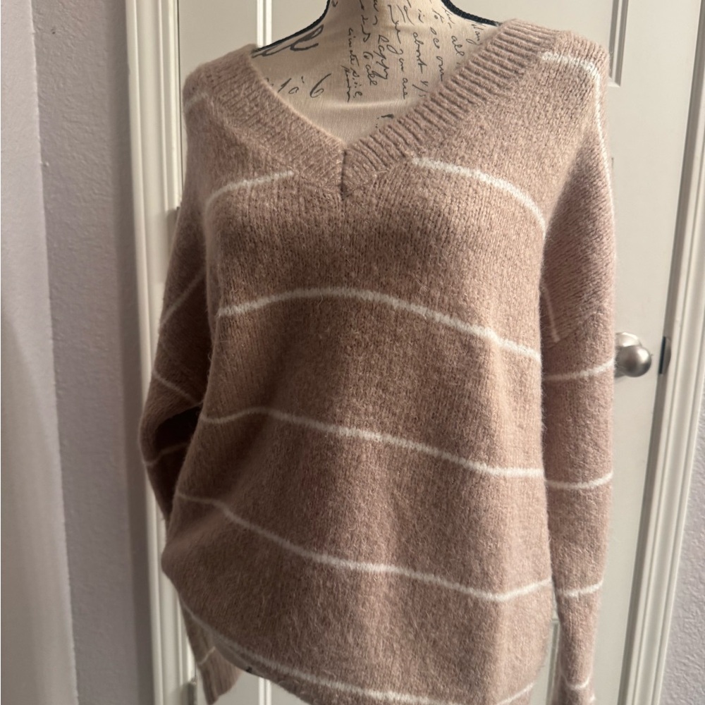 Lulu's Taupe and Cream Striped V-Neck Sweater